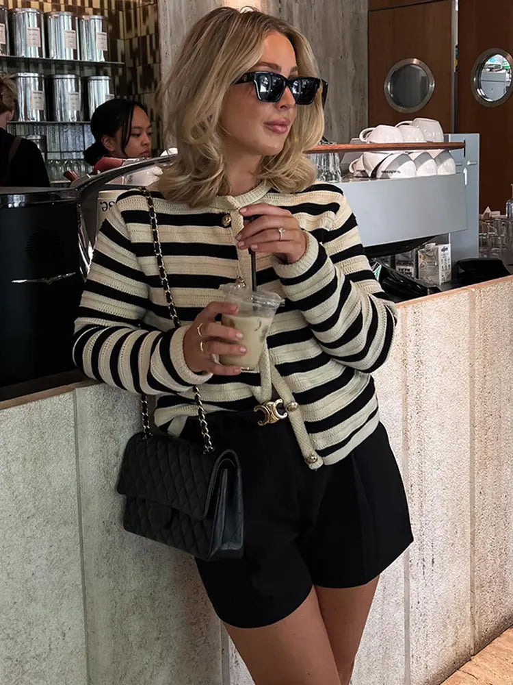 Cardigan a righe color block da donna – Maglieria casual con bottoni