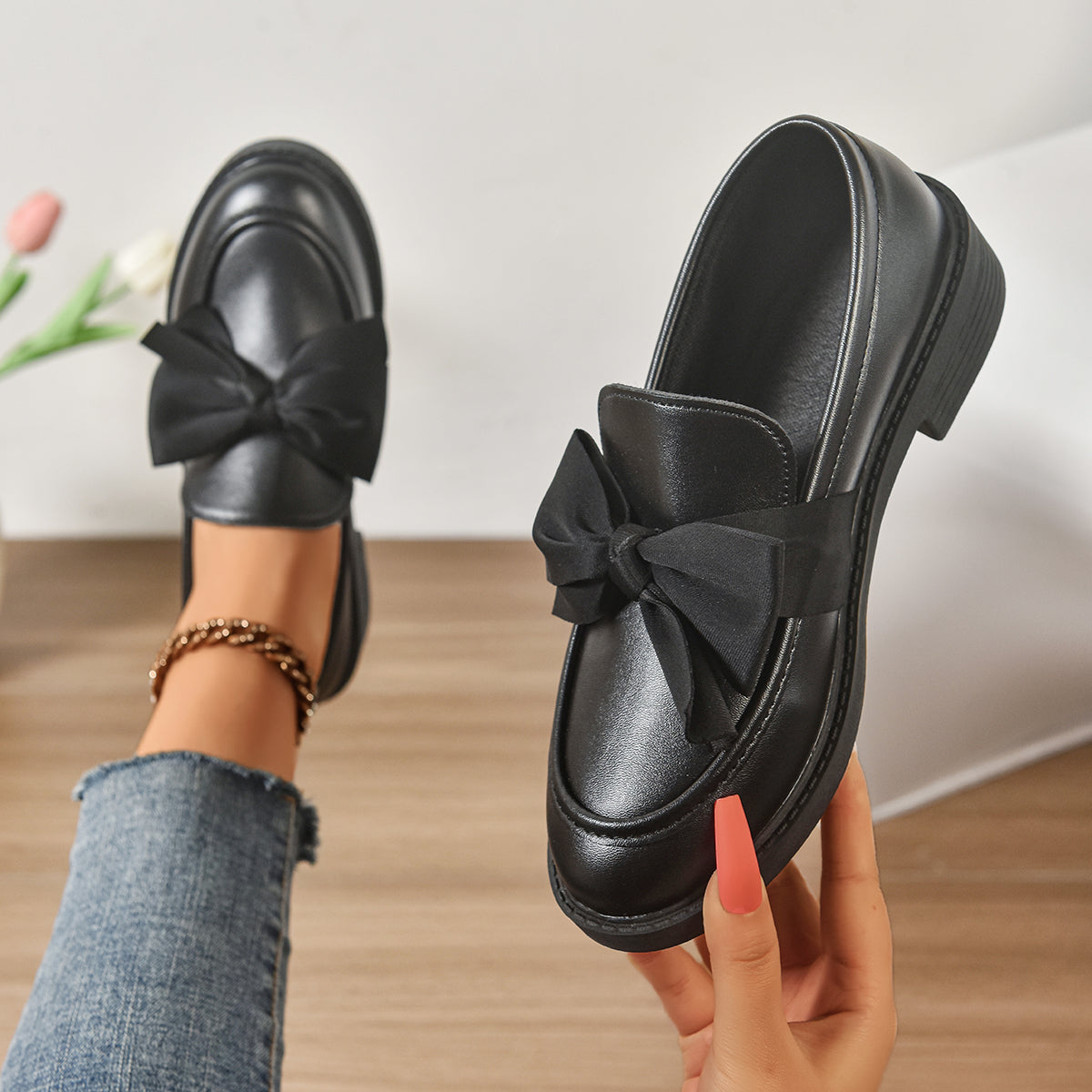 Mocassini in Pelle Slip-On – Scarpe Eleganti con Fiocco e Suola Platform