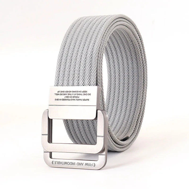 Cintura unisex in tela a righe – Cinturino casual con fibbia in metallo a doppio anello