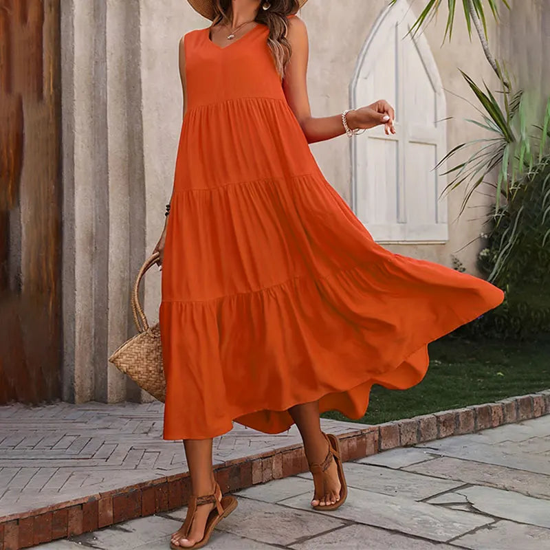 Abito lungo da donna senza maniche a balze – Stile estivo casual, leggero e svolazzante