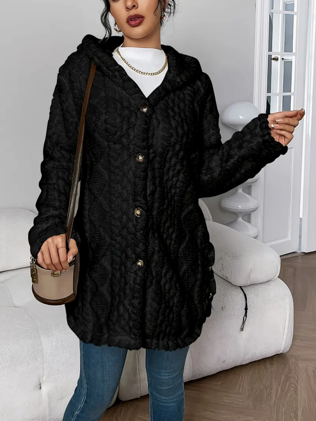Cardigan con cappuccio in maglia a trecce da donna – Maniche lunghe morbide e comode