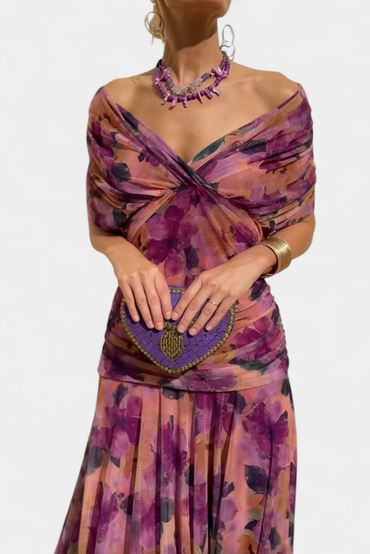 Elegante abito lungo da donna con scollo a V e stampa floreale – Abito estivo lungo e fluido