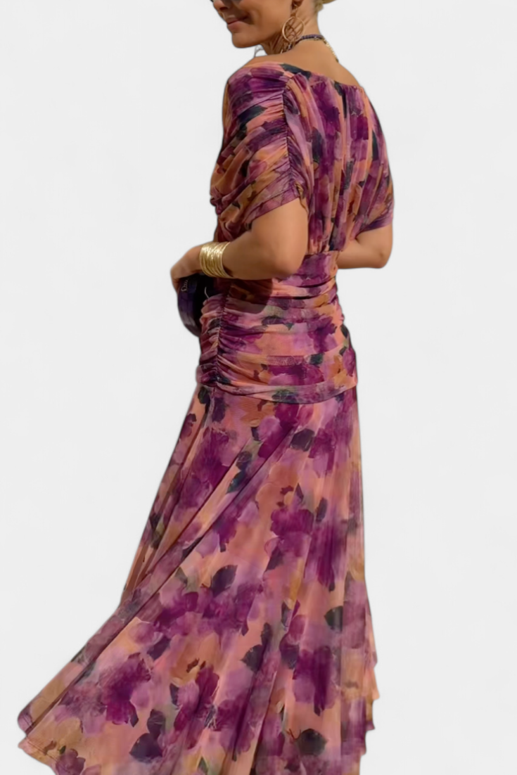 Elegante abito lungo da donna con scollo a V e stampa floreale – Abito estivo lungo e fluido