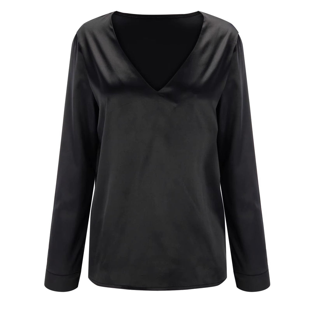Camicetta satinata da donna con scollatura profonda – Blusa elegante fluida