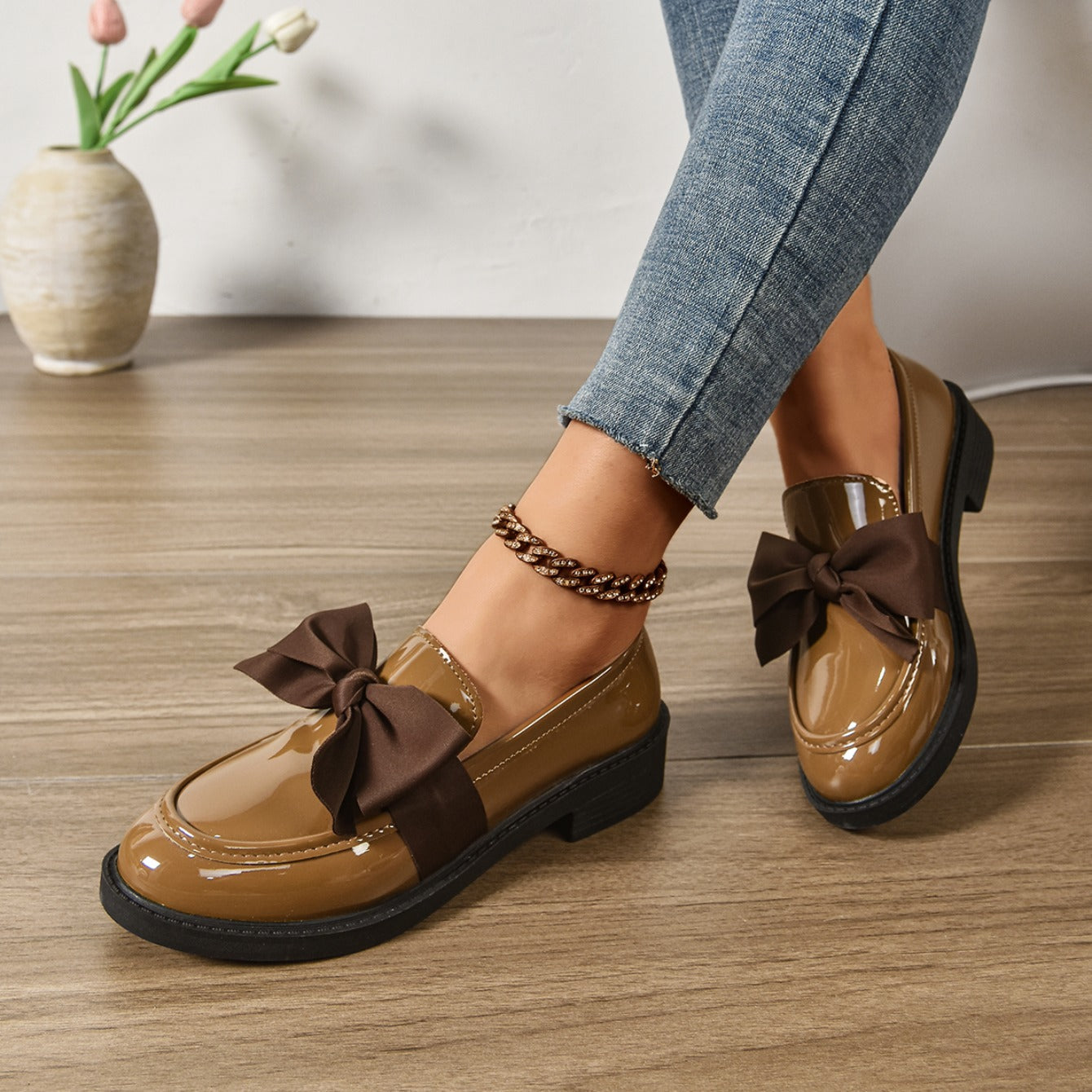 Mocassini in Pelle Slip-On – Scarpe Eleganti con Fiocco e Suola Platform