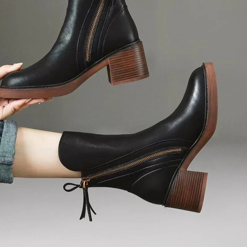 Stivaletti donna in pelle con tacco – Stivali alla caviglia eleganti con soletta imbottita e zip metallica