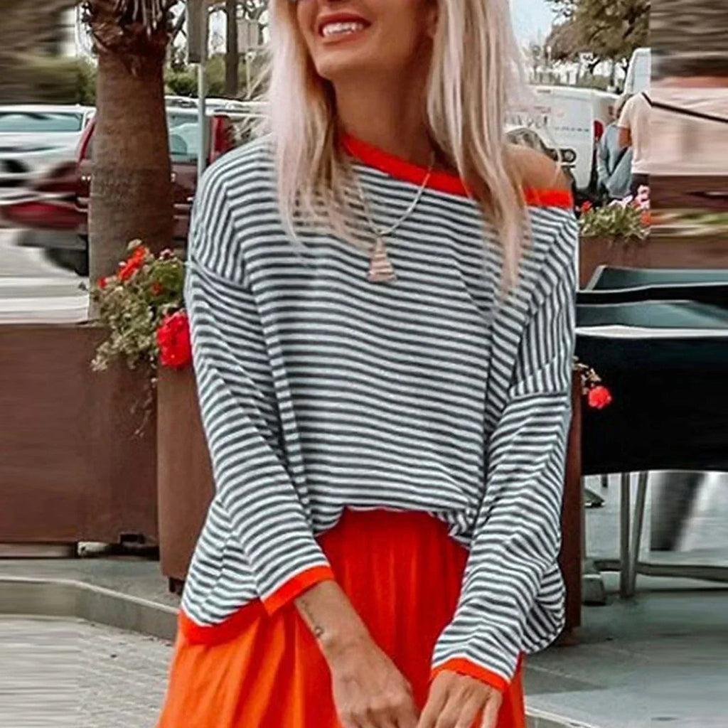 Camisa de mujer de algodón a rayas con mangas largas - Clásica y ligera