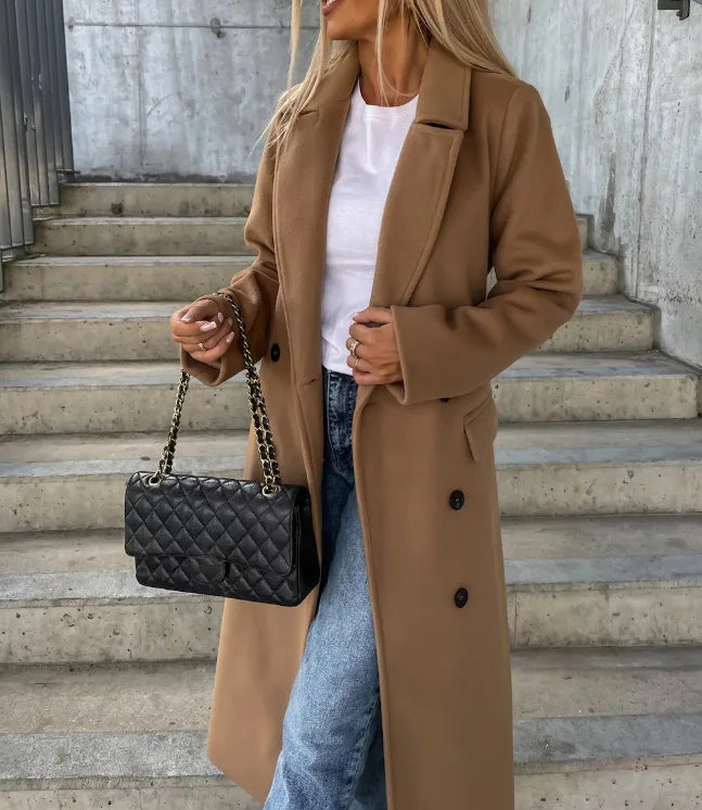 Cappotto lungo doppiopetto elegante e caldo da donna con cintura | Look classico ideale per autunno/inverno