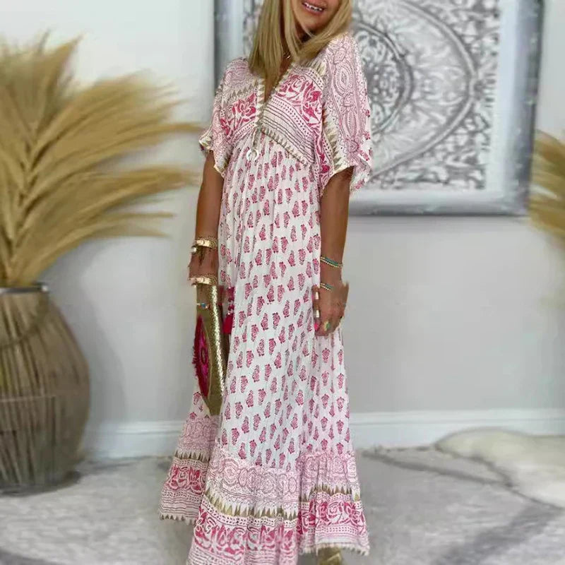 Abito lungo donna bohémien stampato – Vestito maxi scollo a V maniche corte stile boho chic estivo