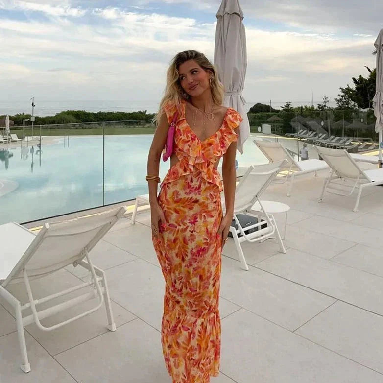 Elegante abito estivo con volant per donna – Abito lungo senza maniche con schiena scoperta