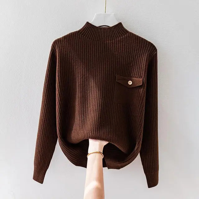 Elegante maglione a collo alto in maglia a coste da donna – Comodo pullover a maniche lunghe