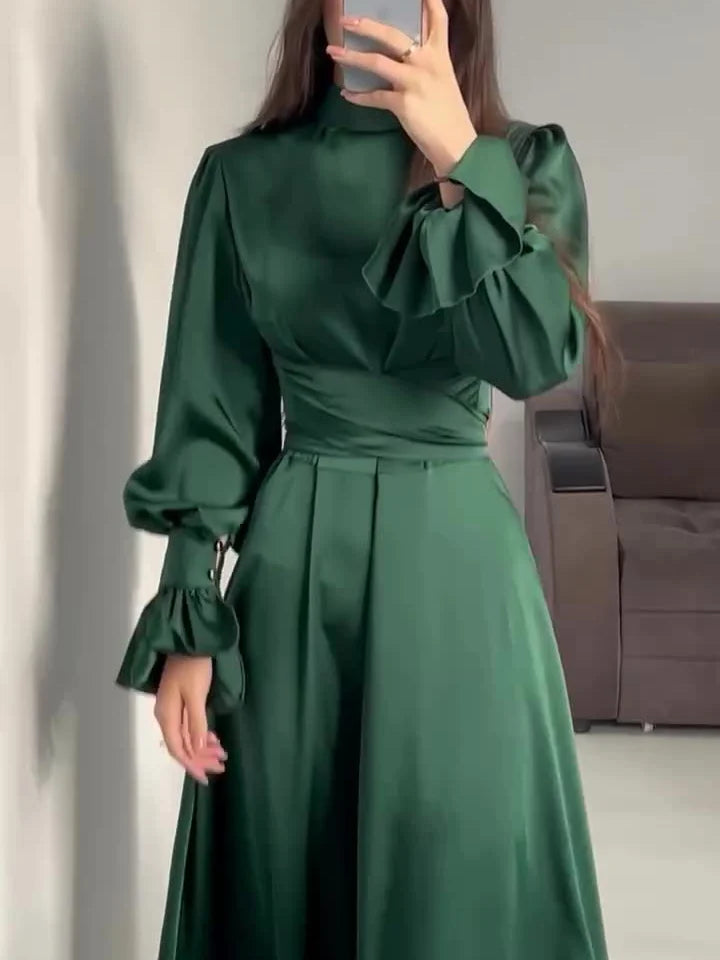 Elegante abito da sera in raso per donna – Abito lungo a trapezio con maniche lunghe a sbuffo