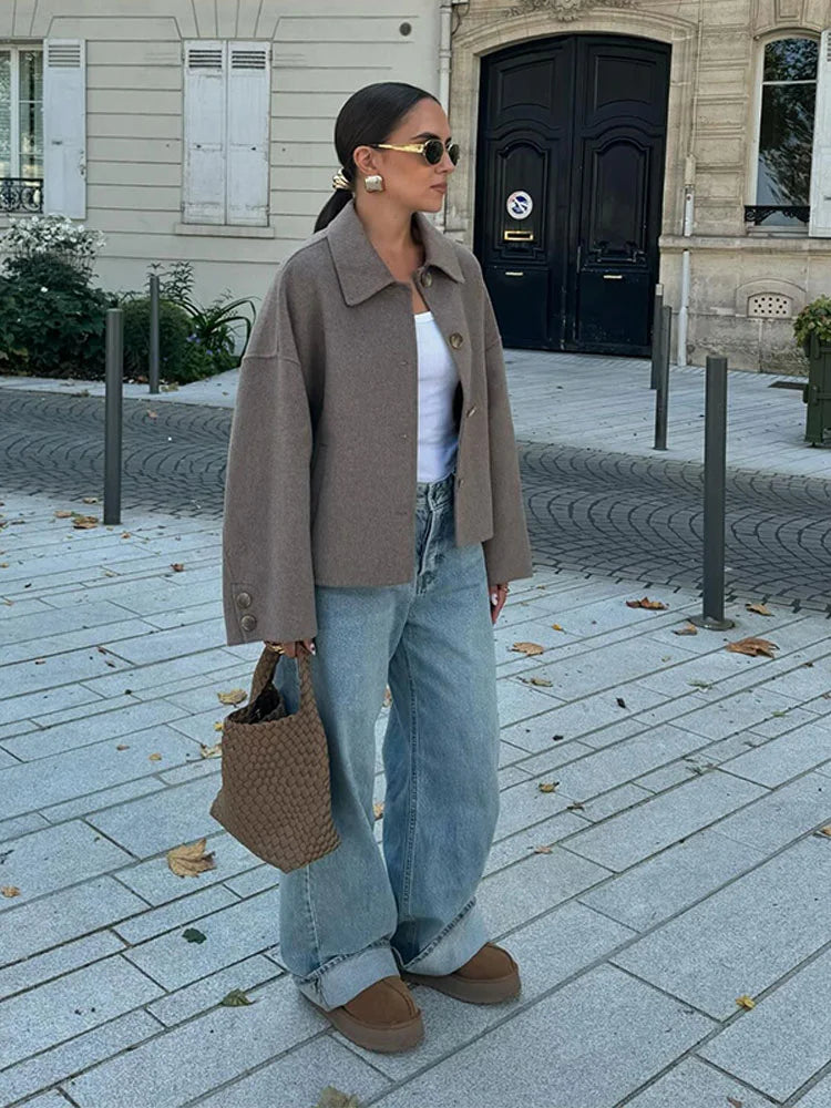 Elegante giacca in misto lana da donna – Cappotto oversize con bottoni