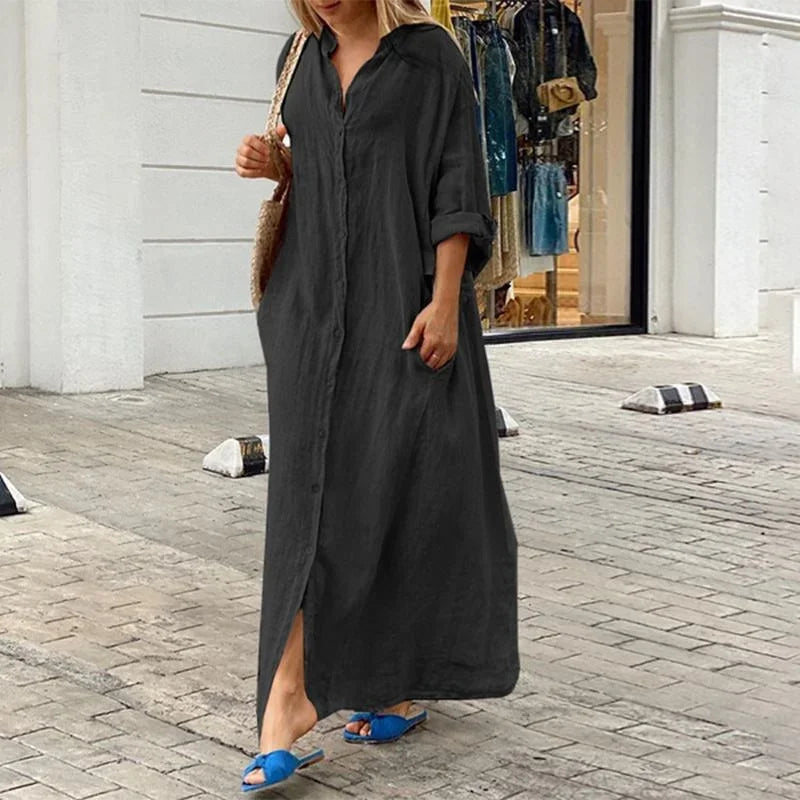 Abito chemisier lungo Alara blu navy oversize in lino