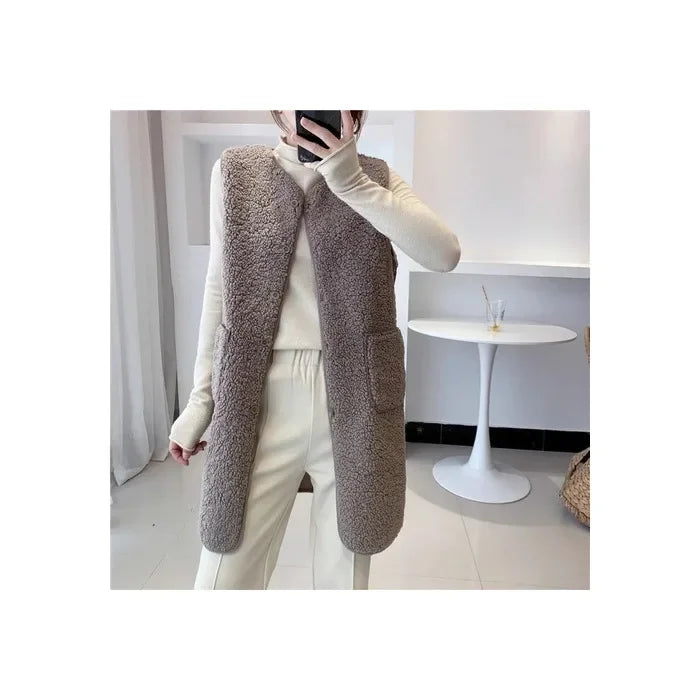 Elegante gilet lungo in misto lana da donna – Giacca senza maniche minimalista e calda