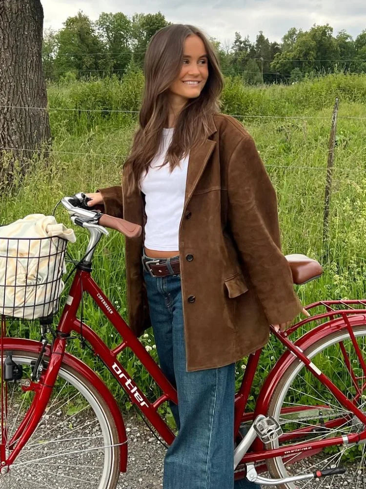 Giacca con risvolto e tasca - Cappotto autunnale versatile e caldo a maniche lunghe da donna