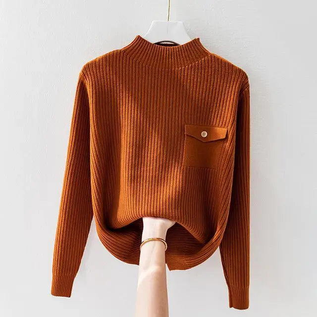 Elegante maglione a collo alto in maglia a coste da donna – Comodo pullover a maniche lunghe