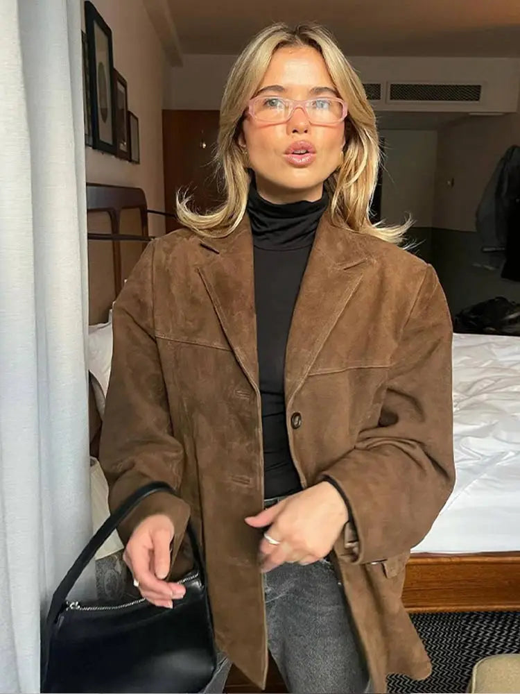 Giacca con risvolto e tasca - Cappotto autunnale versatile e caldo a maniche lunghe da donna