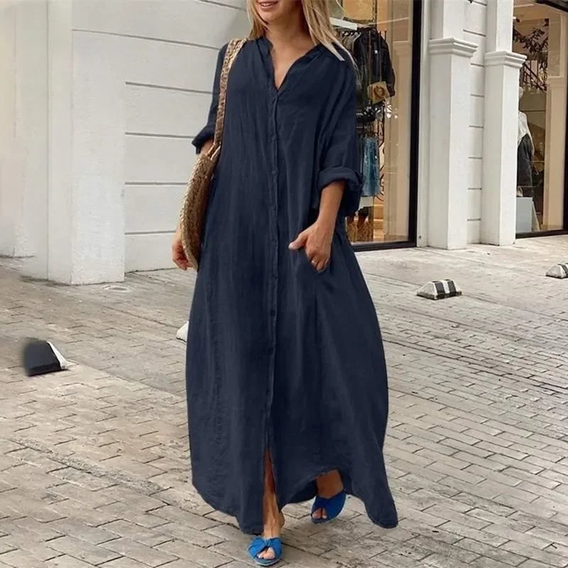 Abito chemisier lungo Alara blu navy oversize in lino