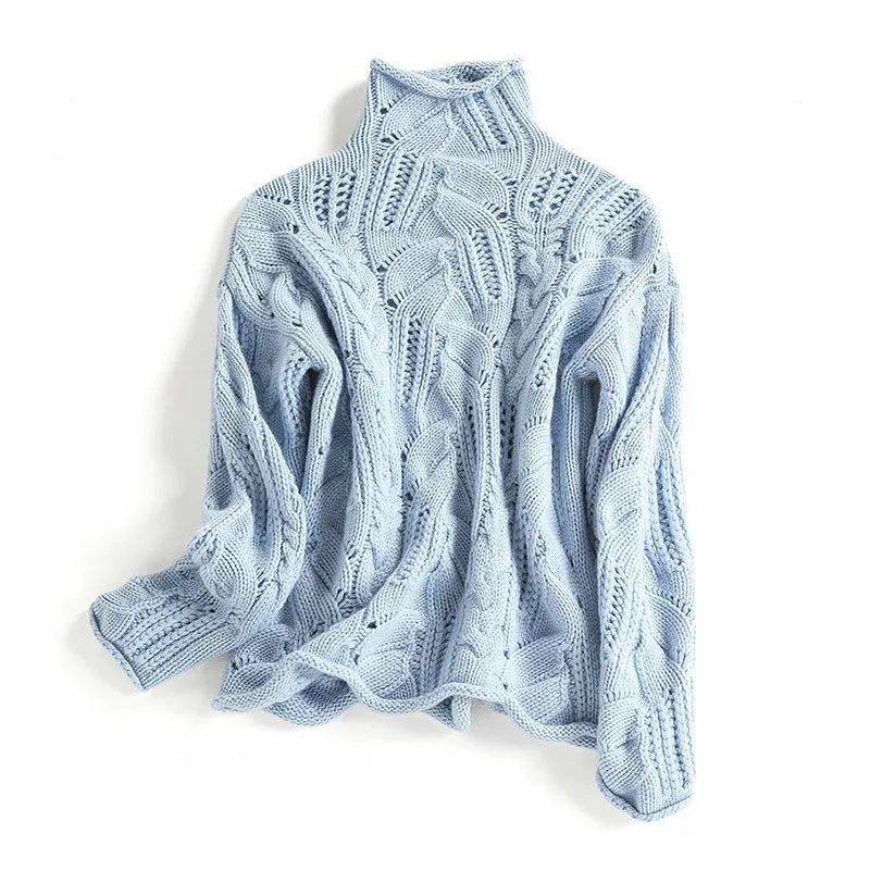 Pull Femme en Maille Torsadée à Col Montant – Pull à Manches Longues