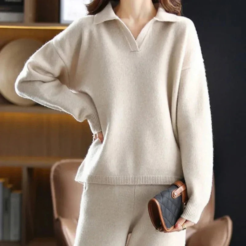Completo polo in maglia chic da donna - comodo maglione con pantaloni a gamba larga