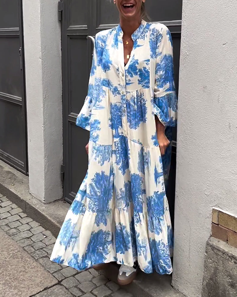 Elegante abito lungo stampato da donna – vestibilità ampia con maniche arricciate