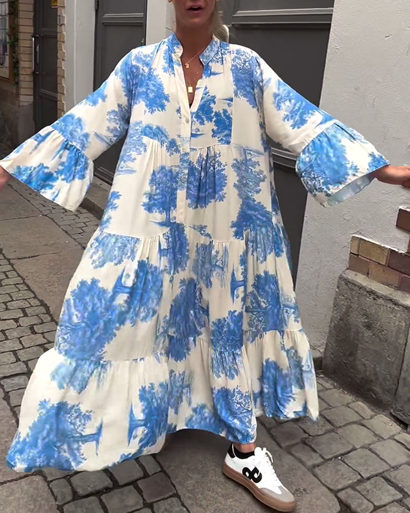 Elegante abito lungo stampato da donna – vestibilità ampia con maniche arricciate