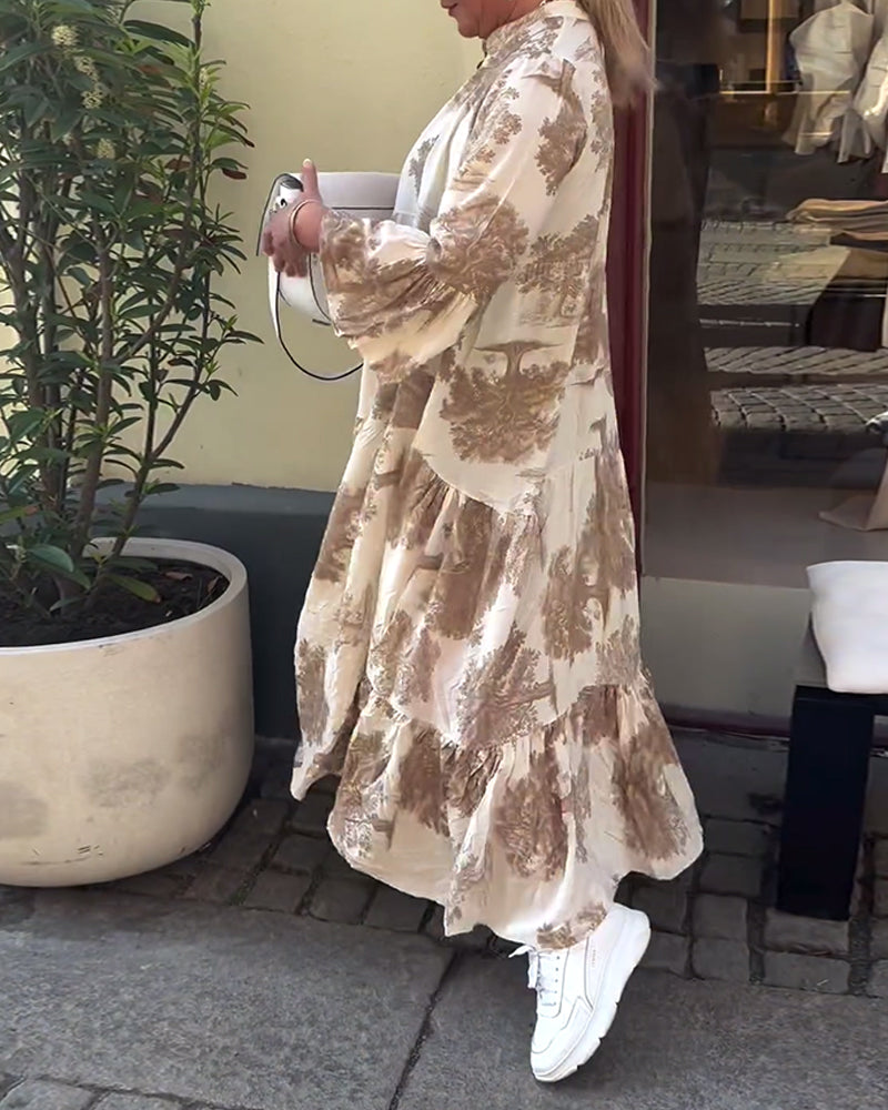 Elegante abito lungo stampato da donna – vestibilità ampia con maniche arricciate