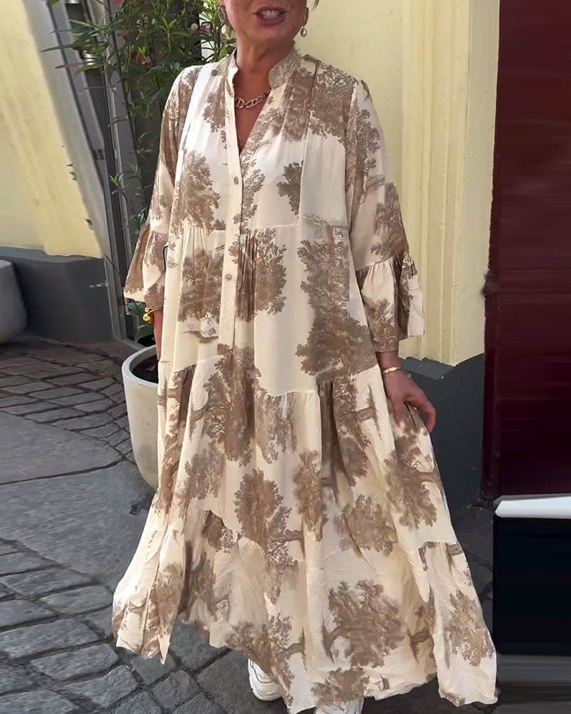 Elegante abito lungo stampato da donna – vestibilità ampia con maniche arricciate