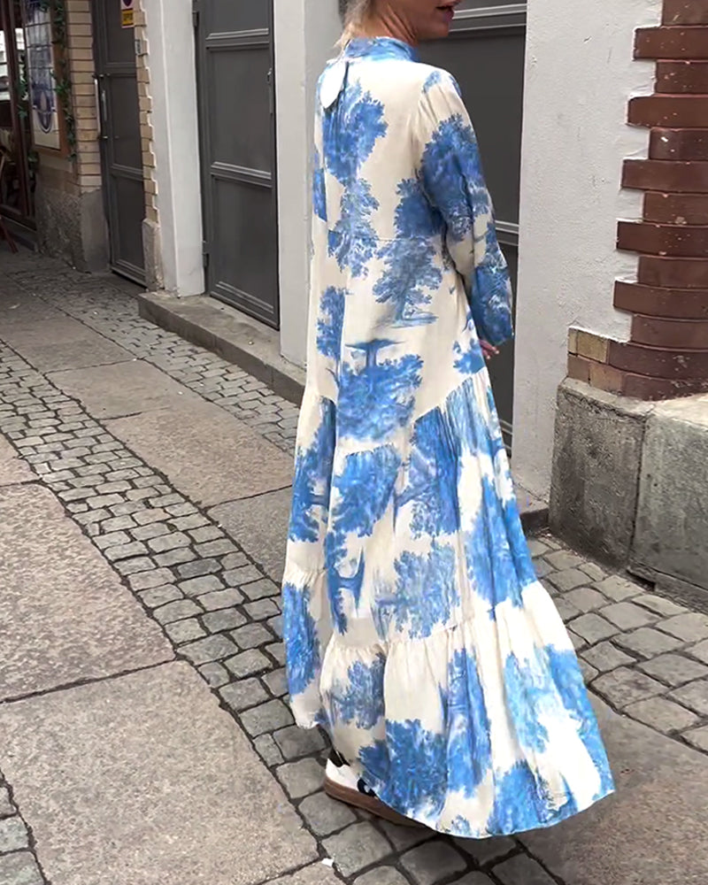 Elegante abito lungo stampato da donna – vestibilità ampia con maniche arricciate