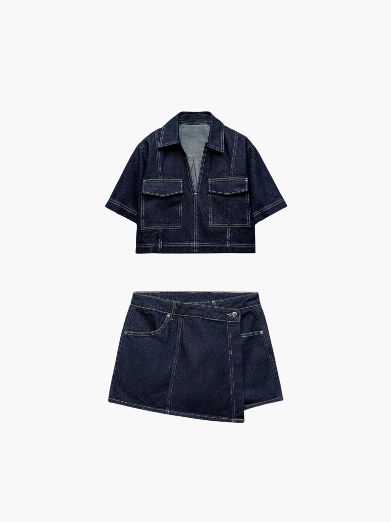 Set top in denim da donna con gonna-pantaloncino