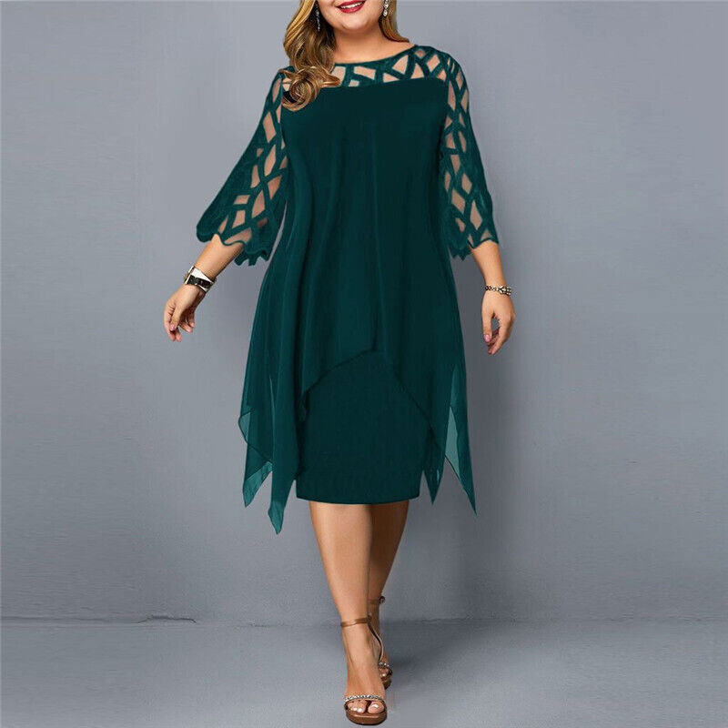 Elegante abito midi taglie forti da donna – Abito da sera di media lunghezza in pizzo e tulle