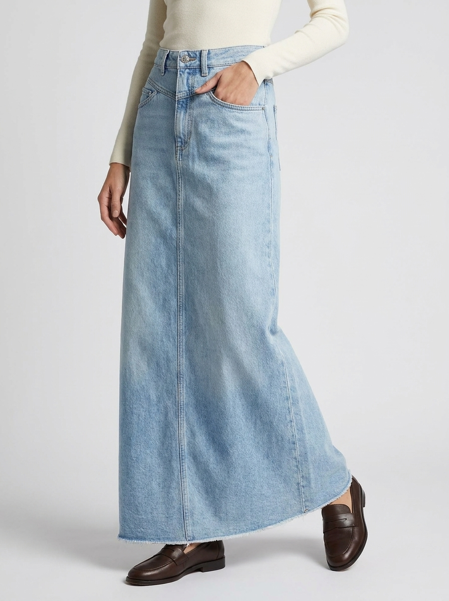 Lang denimnederdel til kvinder - Casual og trendy