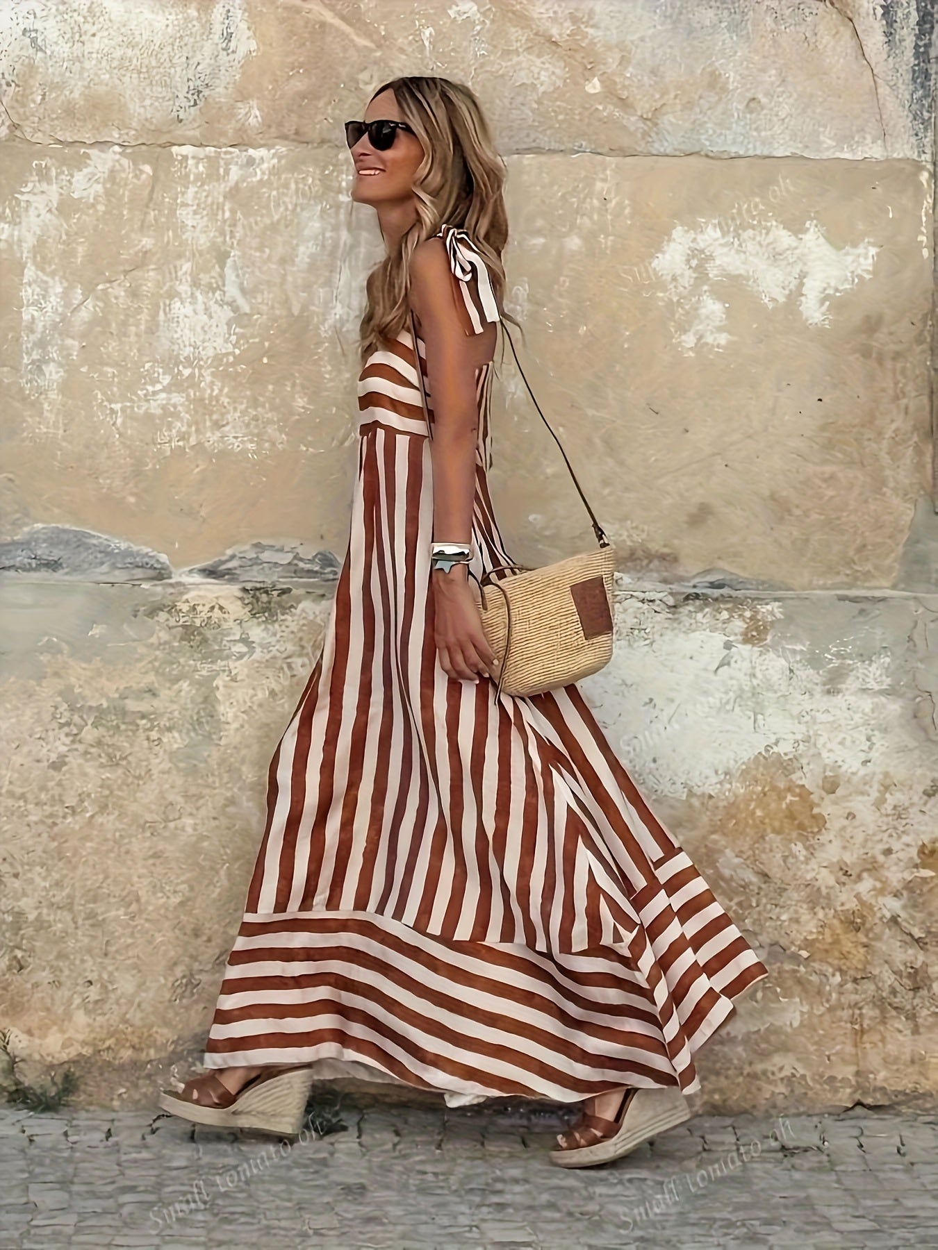 Abito maxi da donna a righe con spalline sottili - Fluido ed estivo