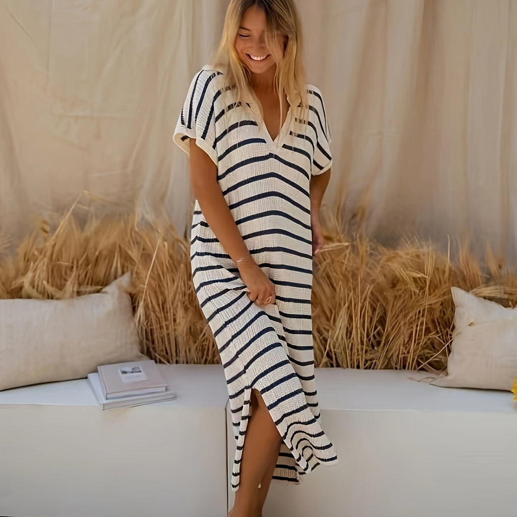 Abito midi in maglia a righe da donna con scollo a V - Morbido e femminile