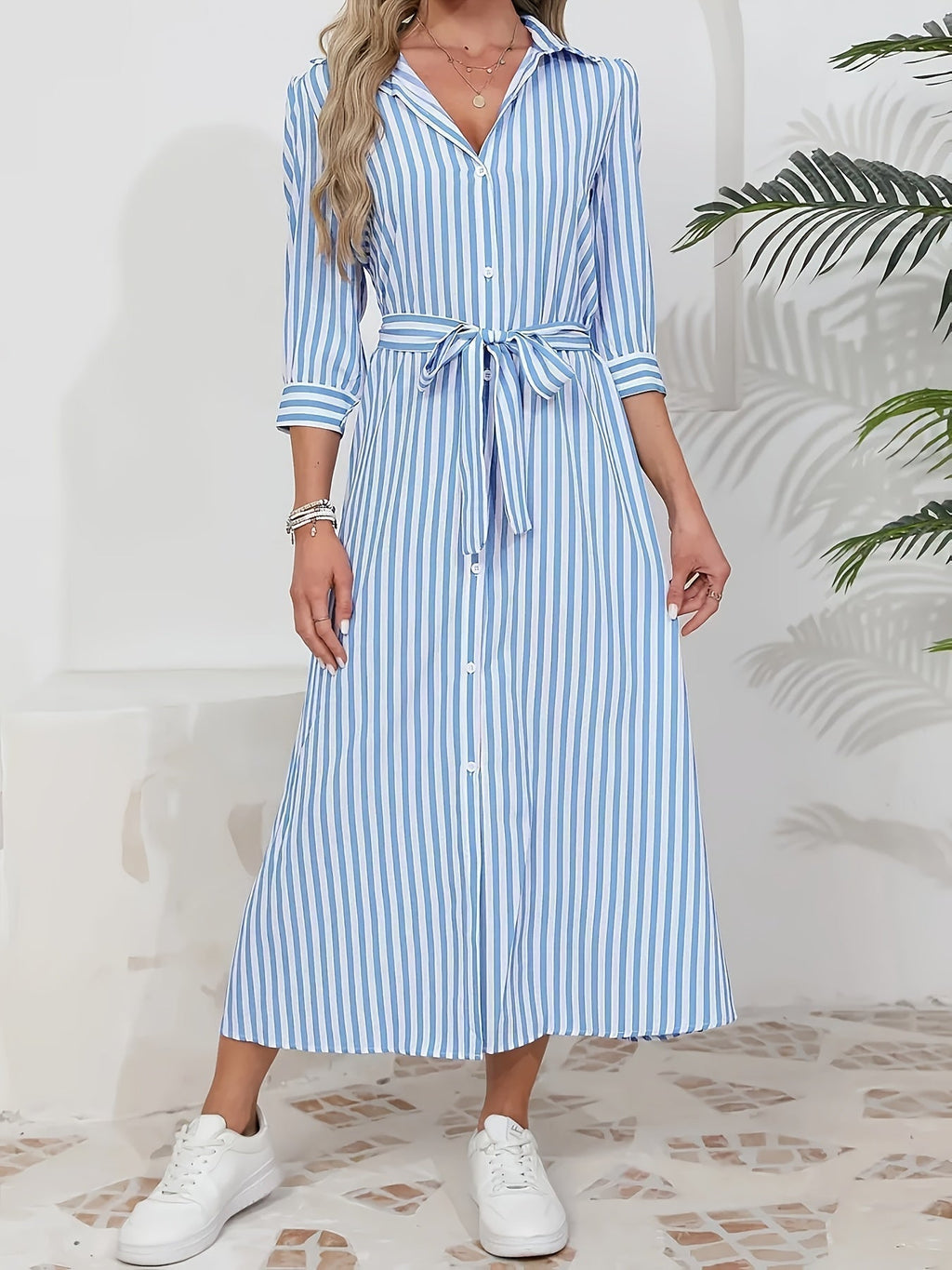 Abito midi chemisier da donna a righe con cintura - Chic e casual