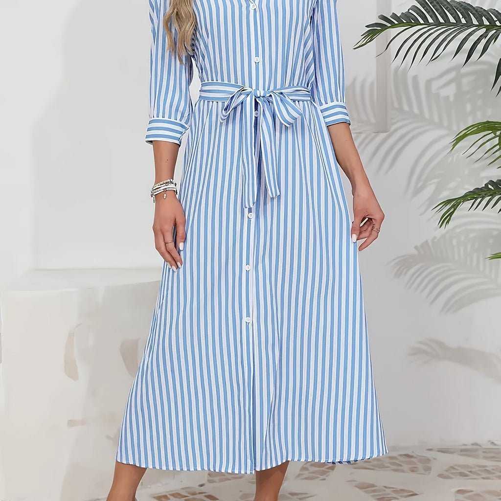 Abito midi chemisier da donna a righe con cintura - Chic e casual