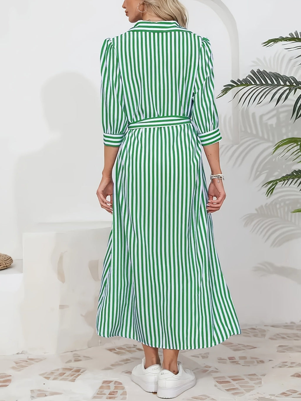 Abito midi chemisier da donna a righe con cintura - Chic e casual