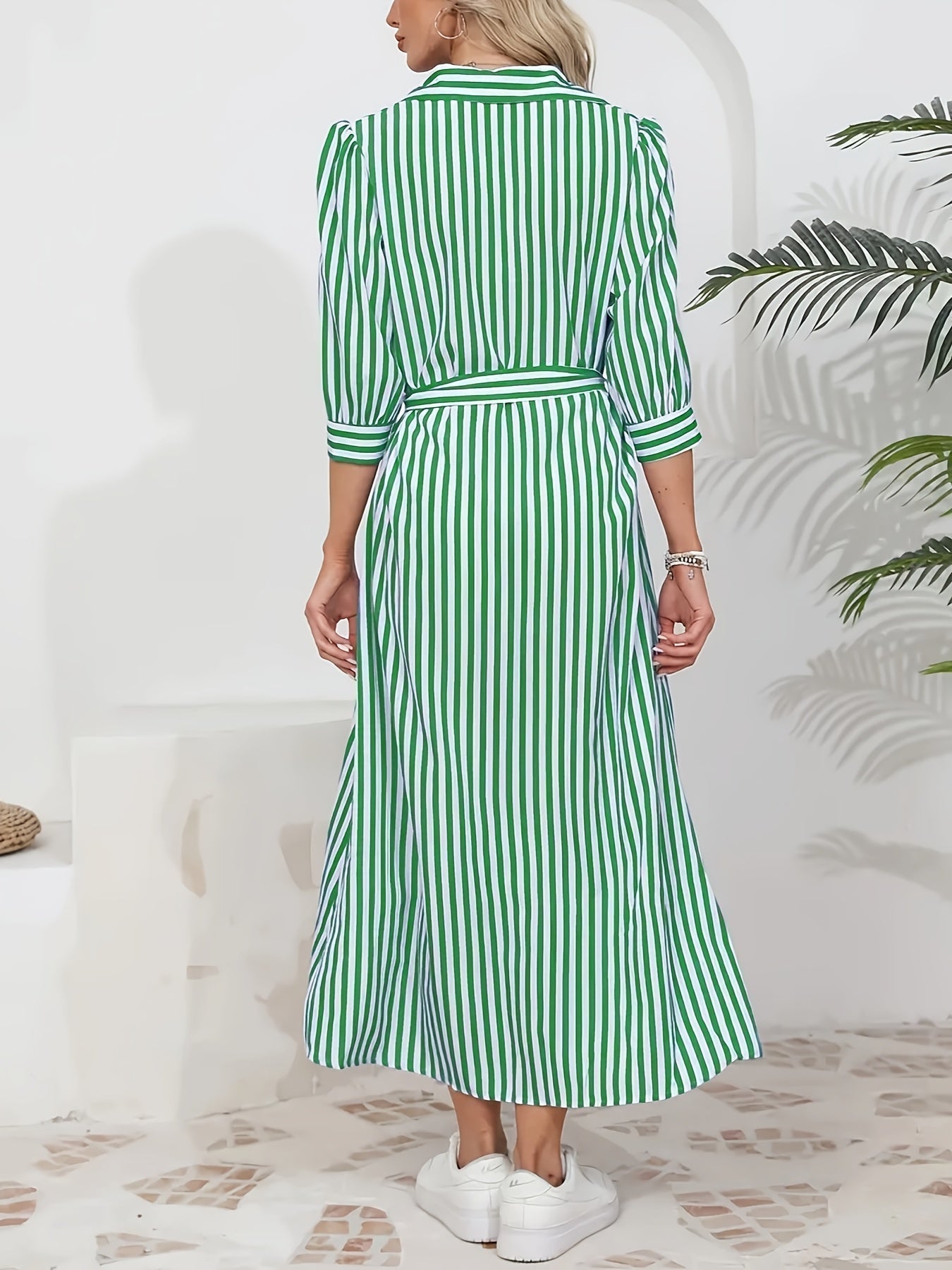 Abito midi chemisier da donna a righe con cintura - Chic e casual