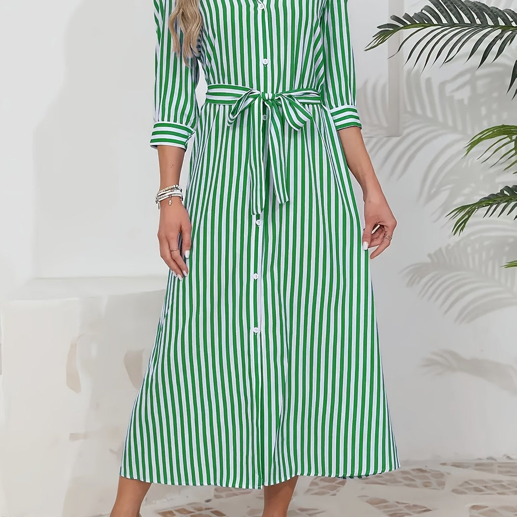 Abito midi chemisier da donna a righe con cintura - Chic e casual