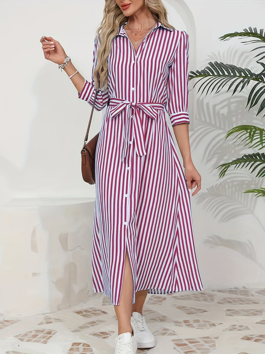 Abito midi chemisier da donna a righe con cintura - Chic e casual