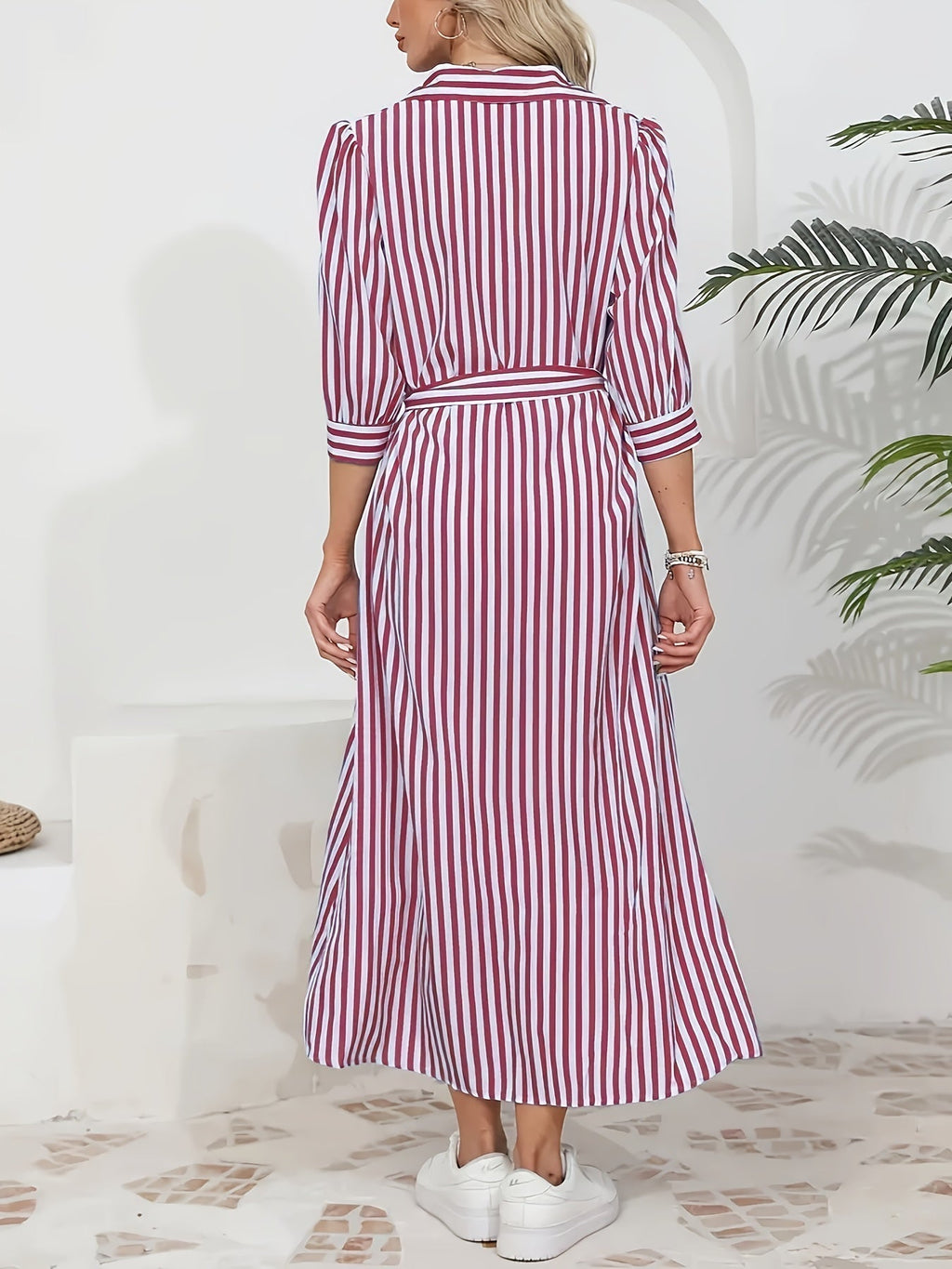 Abito midi chemisier da donna a righe con cintura - Chic e casual