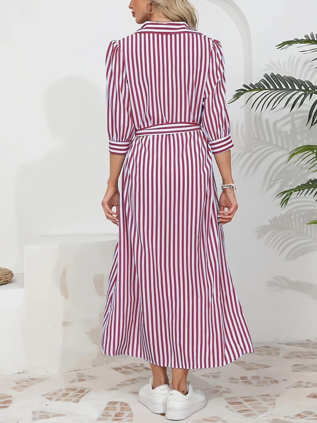 Abito midi chemisier da donna a righe con cintura - Chic e casual