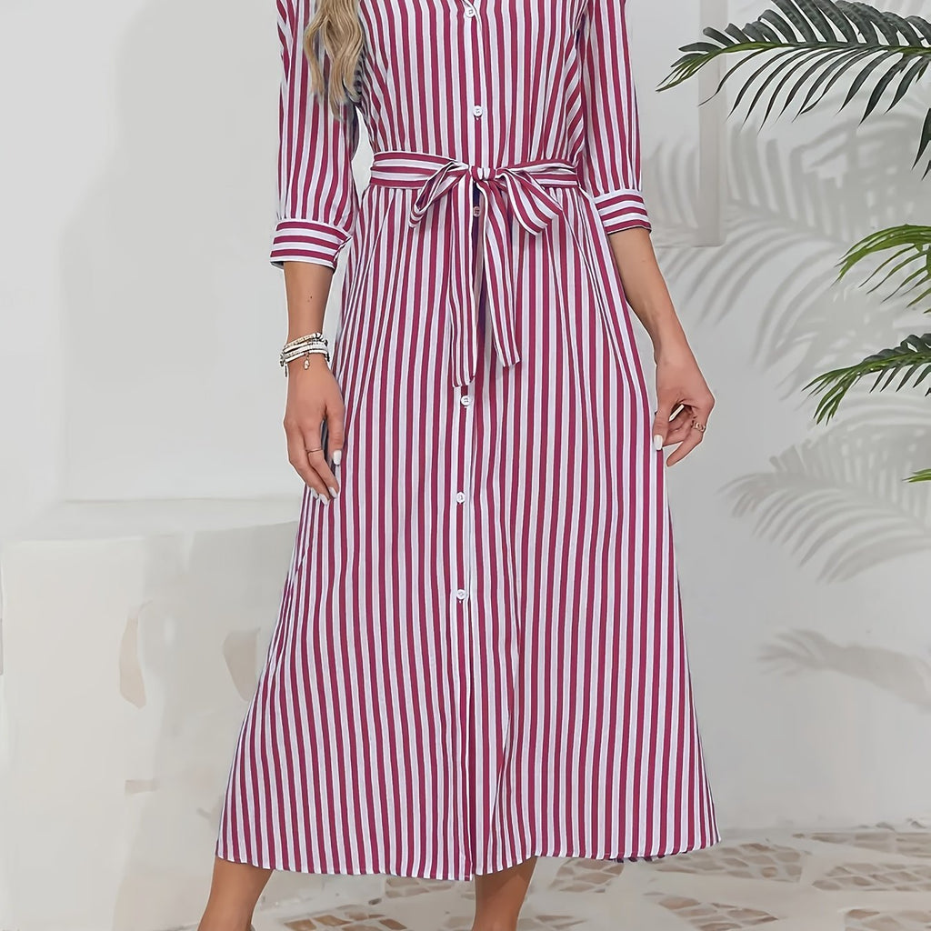 Abito midi chemisier da donna a righe con cintura - Chic e casual