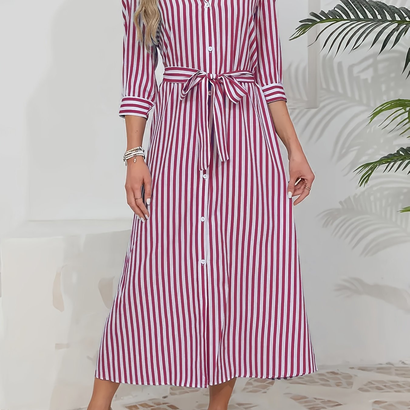 Abito midi chemisier da donna a righe con cintura - Chic e casual