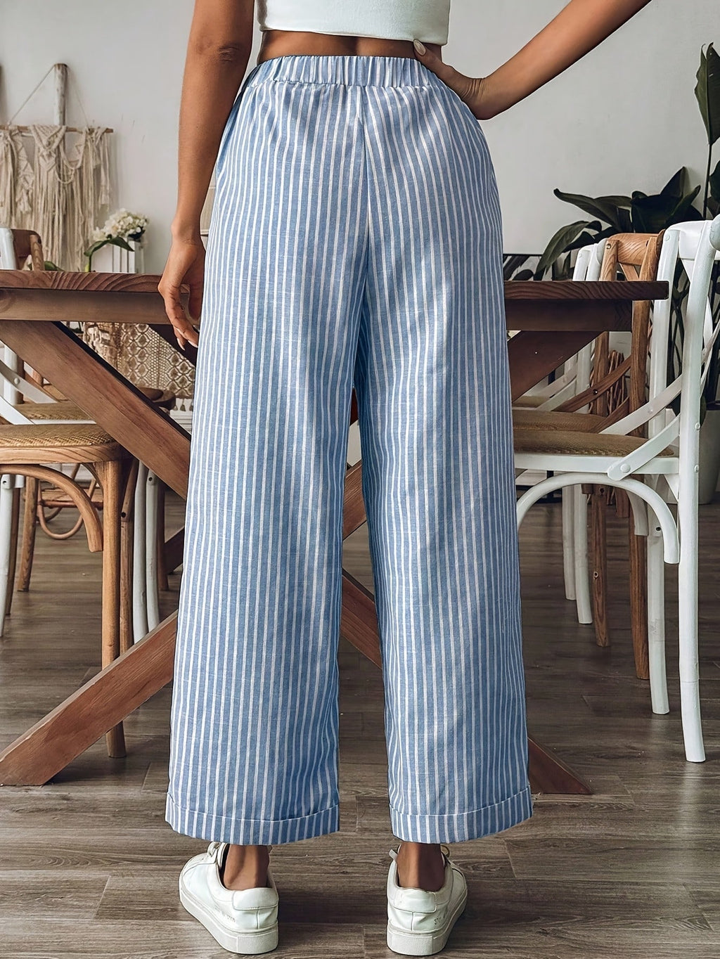 Pantaloni in lino a righe da donna a gamba ampia - Leggeri e casual
