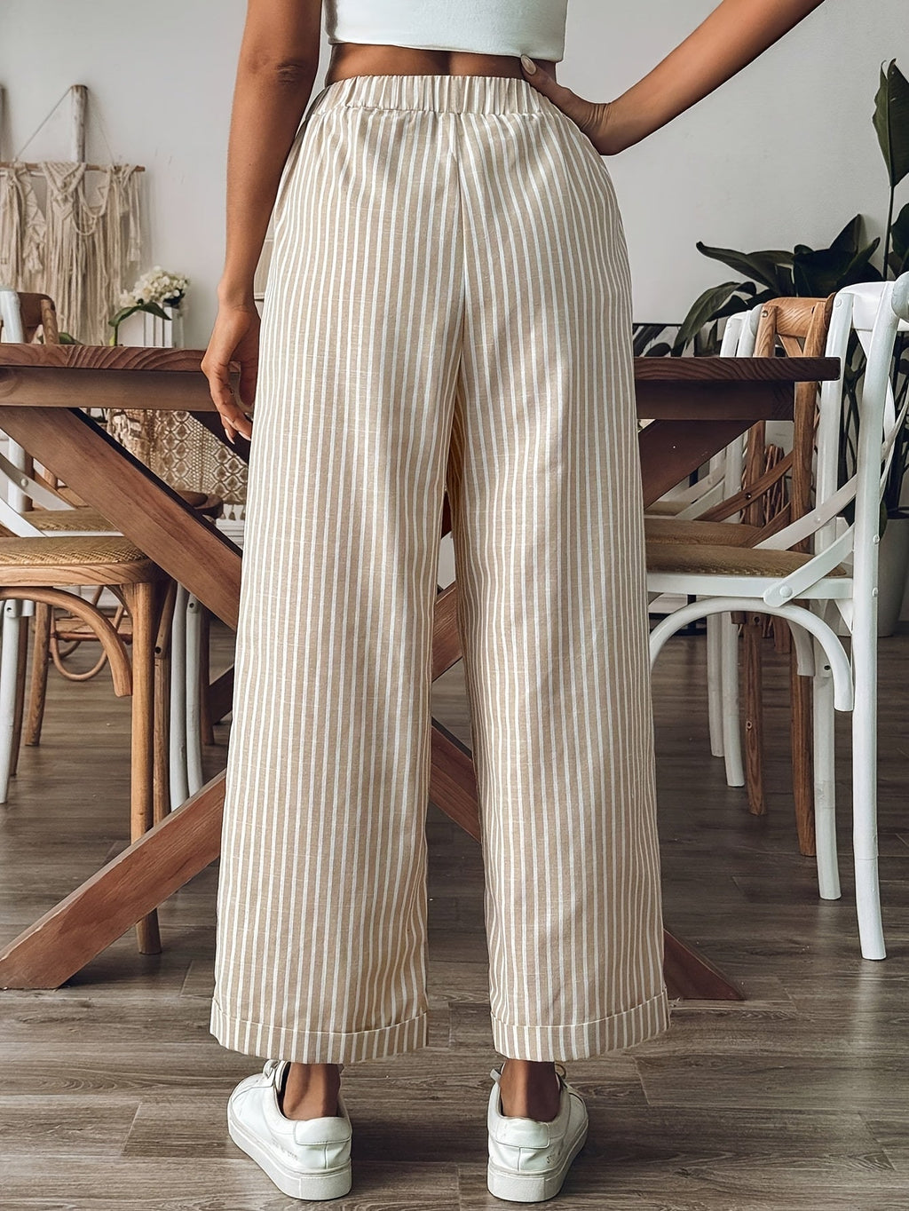 Pantaloni in lino a righe da donna a gamba ampia - Leggeri e casual