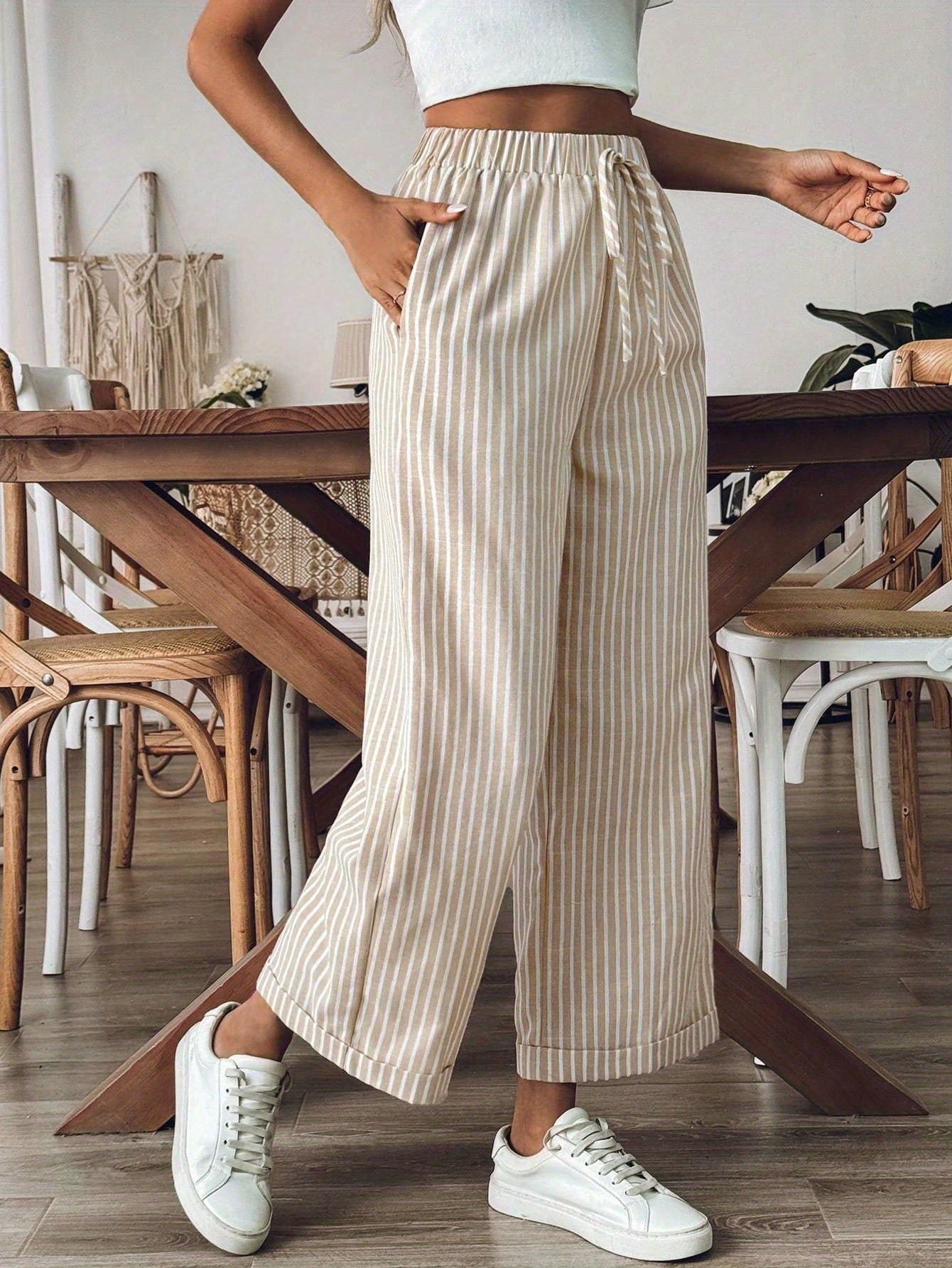 Pantaloni in lino a righe da donna a gamba ampia - Leggeri e casual