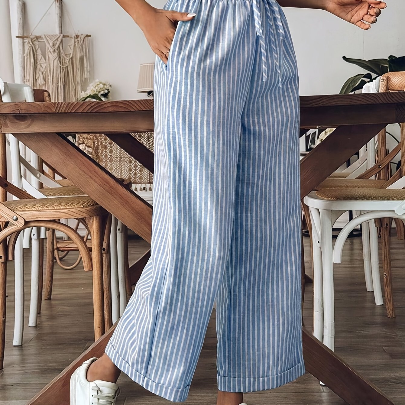 Pantaloni in lino a righe da donna a gamba ampia - Leggeri e casual