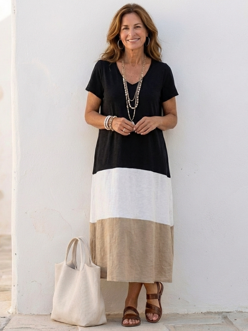 Abito midi da donna color block con scollo a V – Maniche corte e linea fluida